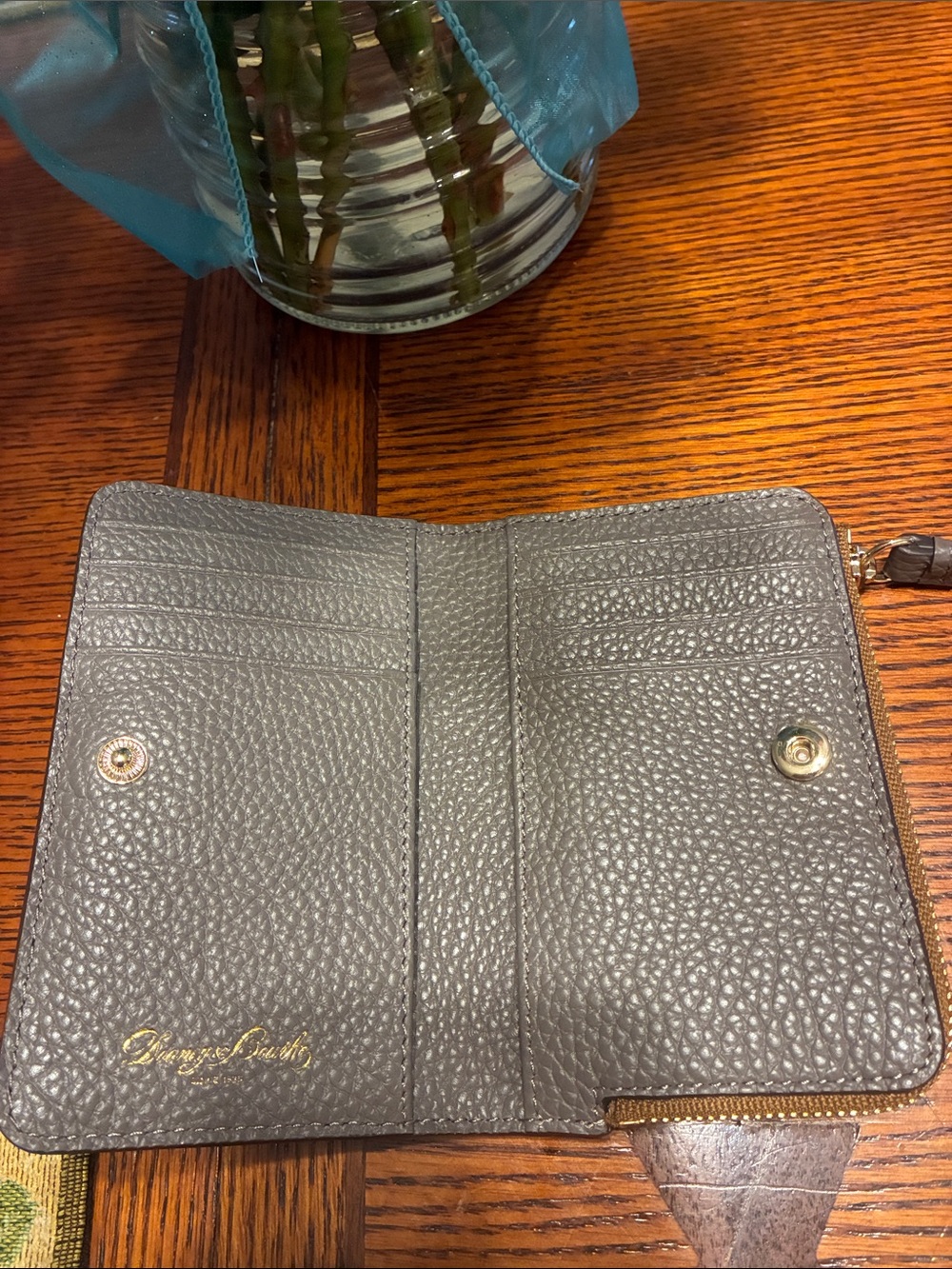 Dooney & Bourke Gray Pebbled Leather Zip Card Wallet with Gold Hardware - Picture 3 of 6